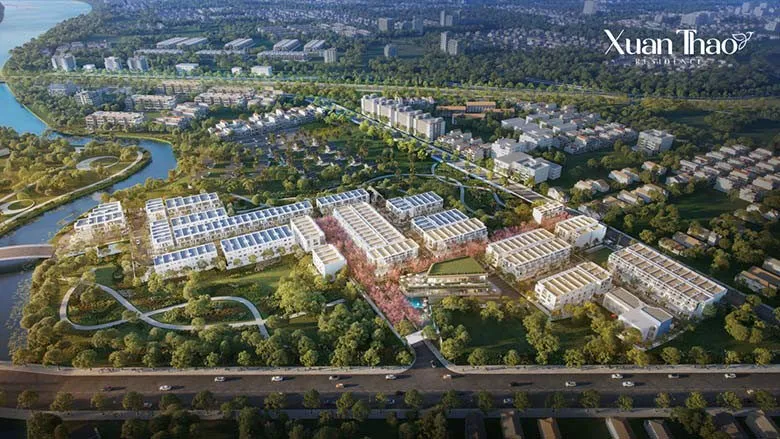 Phối cảnh tổng thể dự án Xuân Thảo Residence với các căn nhà phố liền kề và shophouse hiện đại